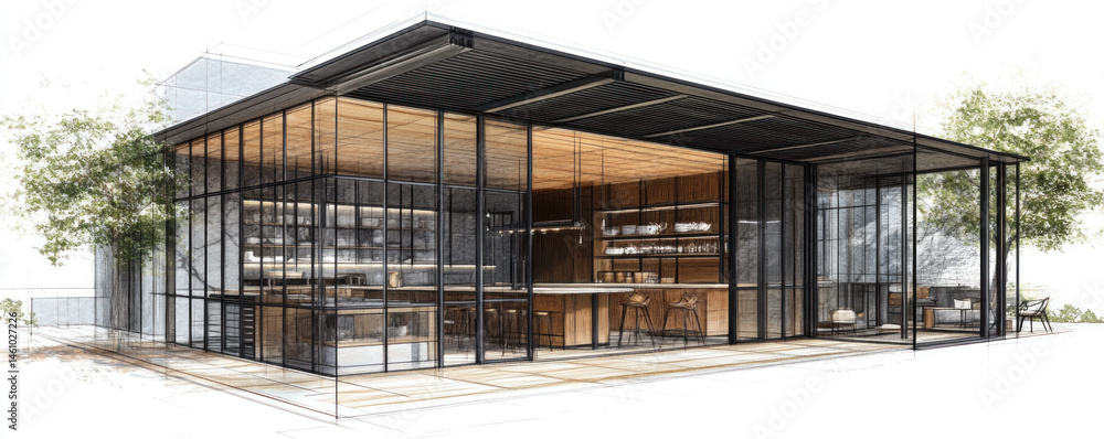 Poster a large glass building with a lot of windows and a patio. the building is designed to be open and in