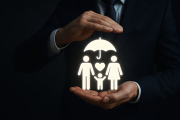 Businessman holding protective gesture around a glowing icon of a family with an umbrella, representing family protection, life insurance, security, and care concept.
