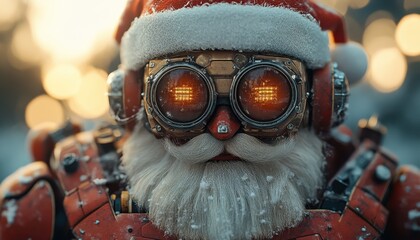 Naklejka premium AI Robot Santa Claus Steampunk with Digital Eyes Christmas Holiday Scene