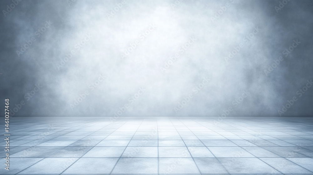 Poster a large, empty room with a gray, hazy atmosphere. the walls are bare and the floor is tiled