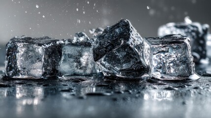 Macro shot of melting ice cubes with tiny air bubbles inside, glossy reflections, captured in a minimal setting