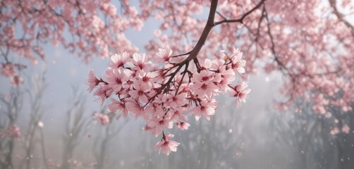 Fototapeta premium Pink sakura petals shower a blurred springtime scene Subtle pastel hues , macro, delicate, beautiful