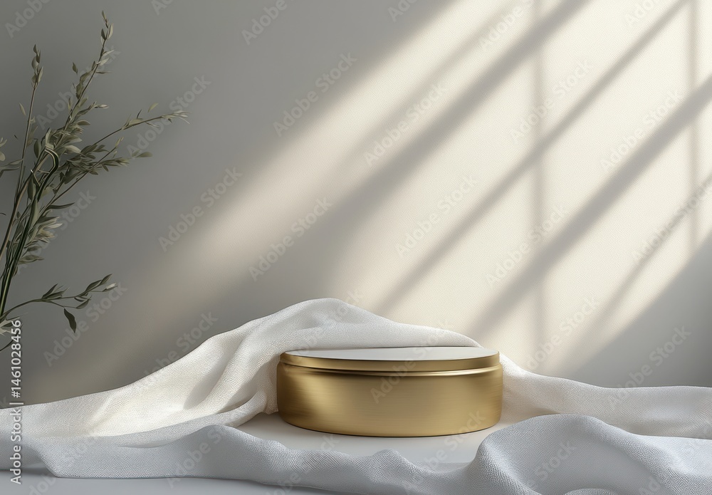 Poster elegant gold container on soft fabric with natural light and shadow play in minimalist room setting