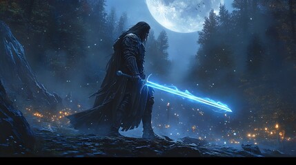 Fierce elven warrior with glowing blue sword in a mystical forest under dramatic moonlight