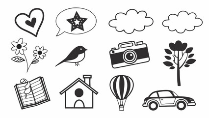 Simple Hand Drawn Line Art Sketch Icons Collection of Everyday Objects and Nature Symbols Black White Doodle Style