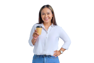 Portrait of smiling young Asian woman holding paper coffee cup isolated on transparent background