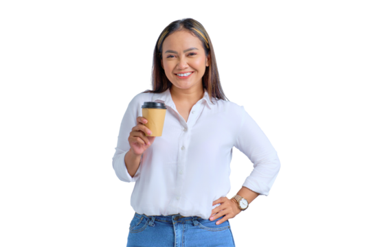 Portrait of smiling young Asian woman holding paper coffee cup isolated on transparent background