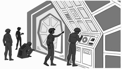 Black and white sci-fi illustration of soldiers in a futuristic military base control room near a hexagonal door and console