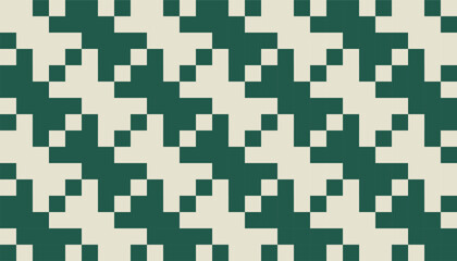 Seamless geometric pattern with pixelated stair-step design in dark green on cream background
