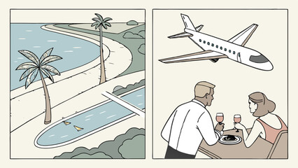 Minimalist Vintage Art Tropical Luxury Vacation Beach Resort Palm Trees Pool Romantic Dinner Airplane