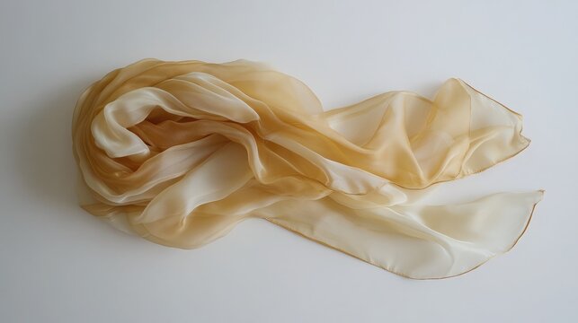 Light silk scarf swirling gently on a clean white background, focusing on airy softness and pastel hues