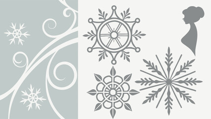 Elegant Grey Winter Holiday Vector Set Snowflakes Swirls Female Silhouette