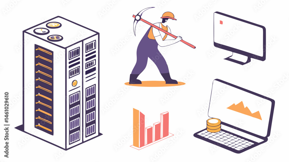 Poster isometric digital illustration data mining server rack computers and charts