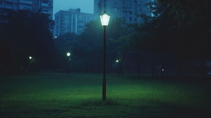 Obraz premium Peaceful patch of green lit by one lonely lantern in a dark and silent urban park