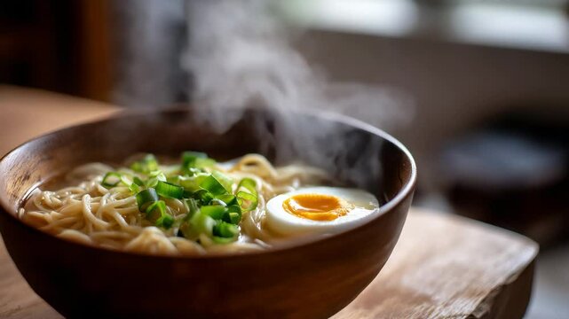 A steaming bowl of ramen topped with fresh green onions and a perfectly soft-boiled egg, highlighting the essence of Japanese cuisine and culinary artistry.