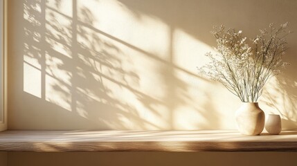 Sunlight streams through window, casting shadows on a light beige wall and wooden shelf, featuring a vase with dried flowers