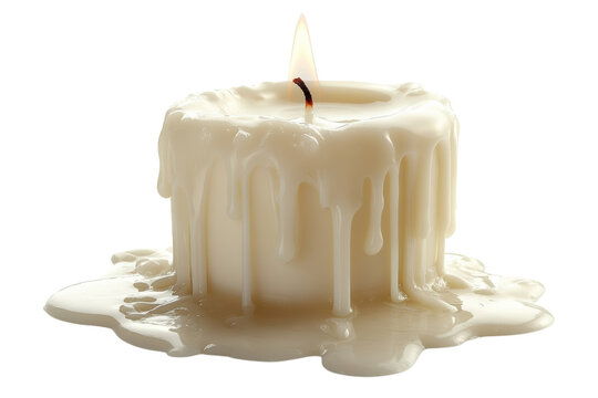 A lit candle with wax drips
