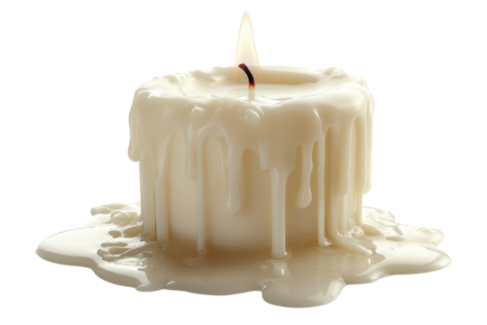 A lit candle with wax drips