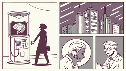 Futuristic Brain Machine Graphic Novel Panels Woman City Scientist Phone Call Limited Palette