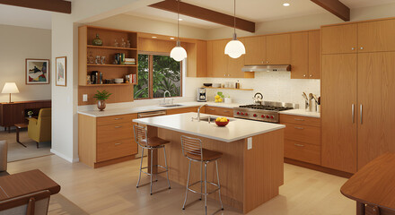 Modern Kitchen Interior With Wood Cabinets And A Central Island Design