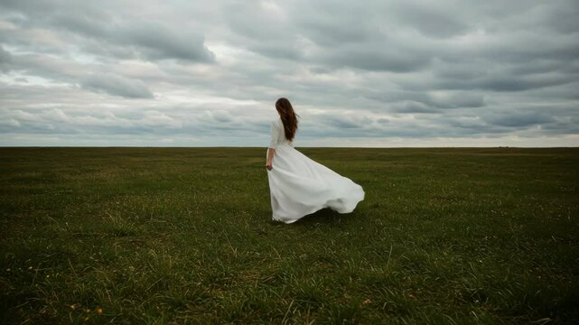 Woman in White Dress Walking Gracefully in Open Field  