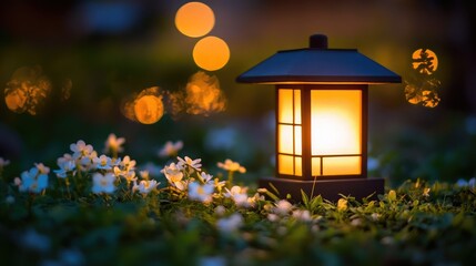 Single lantern spotlighting a patch of lush green meadow creating a calm nighttime retreat