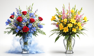 Obraz premium Sports Victory Triumph (Red Roses Yellow Sunflowers Blue Irises) tall, dynamic vase filled with golden water, holding
