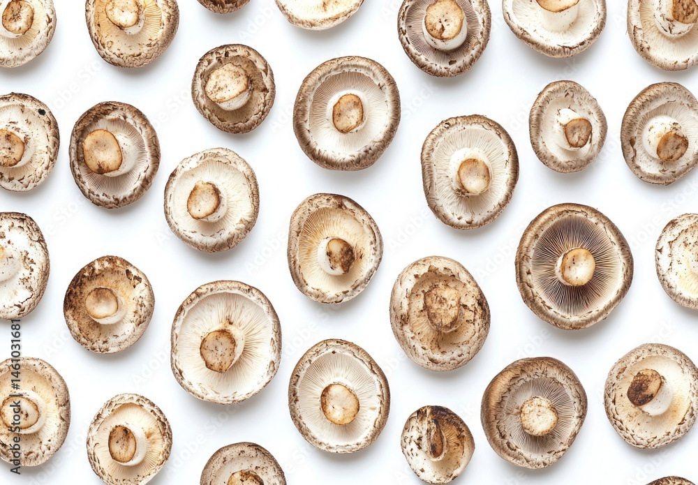 Poster assorted fresh mushrooms with varied textures and patterns on a white background for culinary and na