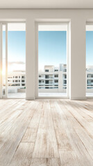 Fototapeta premium Bright modern apartment interior with large windows showcasing urban skyline at sunset