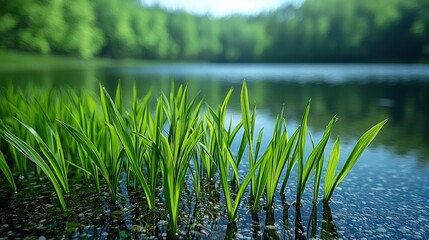 Obraz premium Fresh green grass by lake in tranquil forest setting under clear sky
