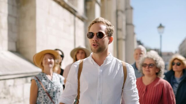 A lively tour guide engages a group of tourists, enthusiastically explaining the historical significance of a landmark, creating an interactive experience for all.
