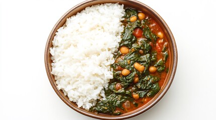 Top down view of South African spinach groundnut stew white rice on clean white background popular Free State vegetarian meal hearty and protein rich dish cut out on isolated transparent background