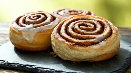 Three cinnamon rolls on slate plate
