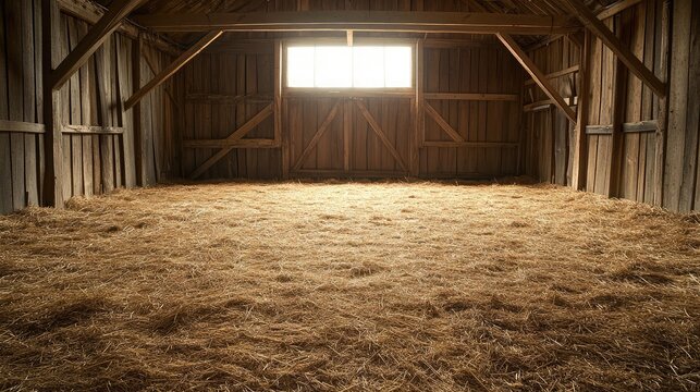Chicken coop with straw-covered floor and rustic wooden panels on an empty farm