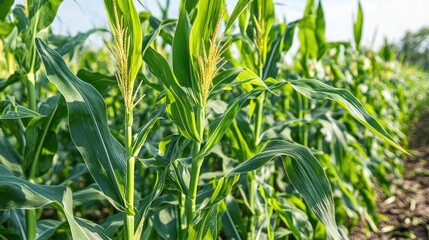 Close-up of corn stalks swaying gently in the breeze, backlit by afternoon light
