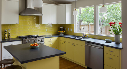 Bright Modern Kitchen With Yellow Accents And Natural Light Through Window
