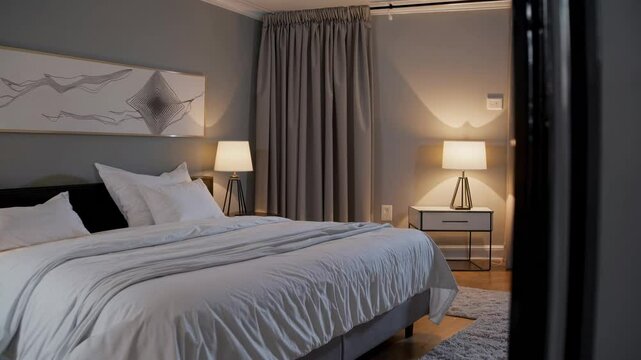 Video of a modern bedroom viewed through a doorway. The camera angle is straight-on, showcasing a neatly made bed and stylish decor.