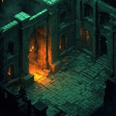 Mystical Ancient Ruins with Glowing Entrance and Dark Shadows in a Fantasy Landscape