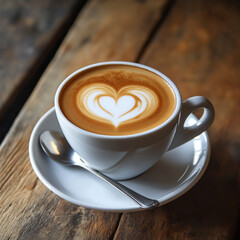Fototapeta premium Close-Up of Cappuccino with Heart-Shaped Latte Art on Wooden Table – Rustic Charm
