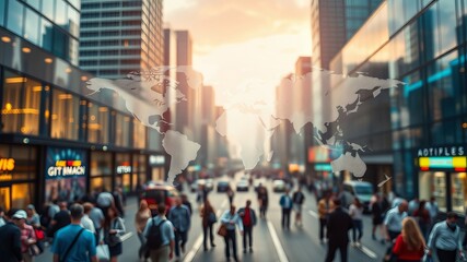 A world map overlay on a bustling city street scene showcasing global connectivity and urban life du a vibrant sunset.