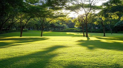 Obraz premium Golden-hour sunlight casting long shadows across a quiet meadow at dusk