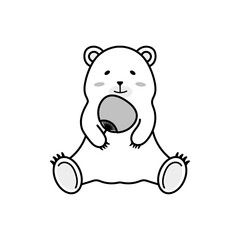 うちわを持つシロクマの夏イラスト（モノクロ）