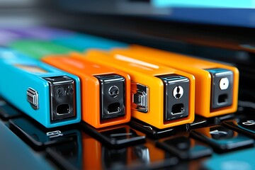 Colorful, modern, compact storage devices on a keyboard