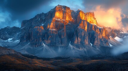 Fototapeta premium Majestic mountain peaks at sunset with glowing clouds and dramatic light