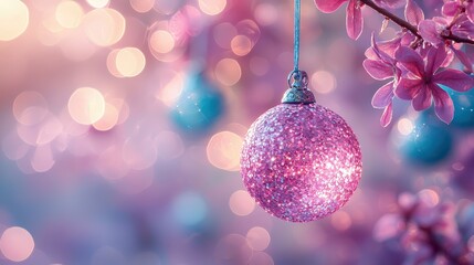 Fototapeta premium Sparkling pink christmas ornament on floral branch with dreamy bokeh background