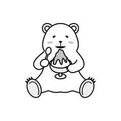 かき氷を食べるシロクマのイラスト（モノクロ）