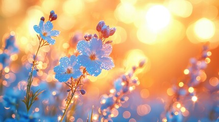 Fototapeta premium Glowing cherry blossoms at sunrise: captivating dewkissed flowers with warm bokeh
