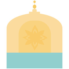 An artistic ornament featuring a golden-yellow dome with a light blue base, adorned with floral patterns and stacked circular decorations.