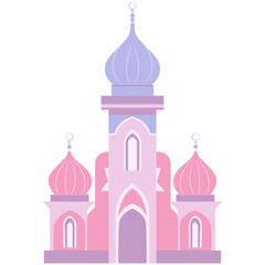 An artistic illustration of a pink and blue mosque featuring three domes and a tall central tower with arched windows and entrance.