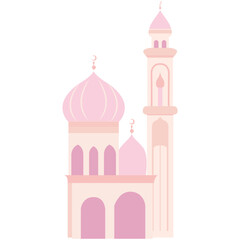 An artistic illustration of a pink mosque with two domes, a tall minaret, and crescent moon symbols, designed in an elegant style.